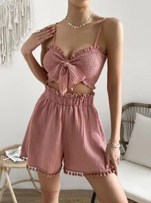 Soleia Frill Trim Knot Front Cami Top & Shorts - Dusty Pink - View 1