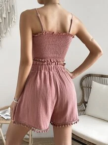 Soleia Frill Trim Knot Front Cami Top & Shorts - Dusty Pink - View 2