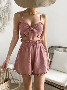 Soleia Frill Trim Knot Front Cami Top & Shorts - Dusty Pink - View 4