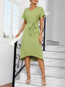 SHEIN Essnce Solid High Low Split Hem Batwing Sleeve Belted Dress - Green - View 5