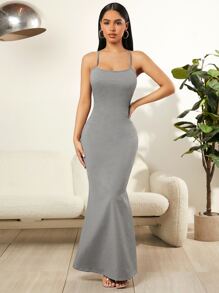 SHEIN SXY Đầm Lộ Lưng màu trơn Thanh lịch - Màu Xám nhạt - Xem 6