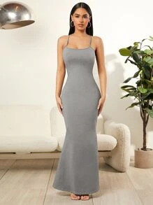 SHEIN SXY Đầm Lộ Lưng màu trơn Thanh lịch - Màu Xám nhạt - Xem 4