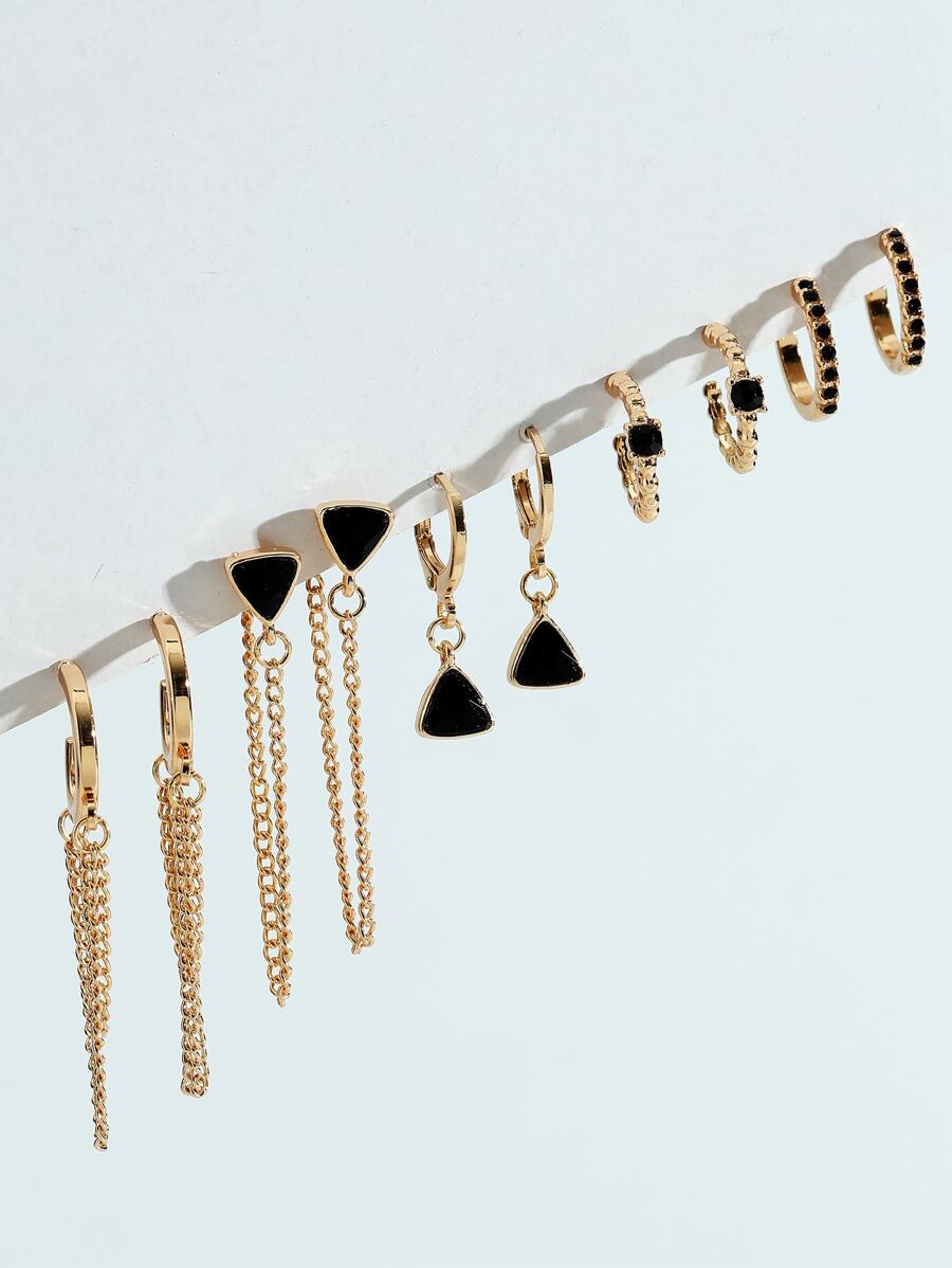 5 đôi bông tai trang trí hình tam giác bằng đá rhinestone - màu đen - Xem 1