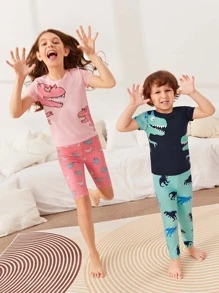 SHEIN 男孩恐龍印花T恤和褲子睡衣套裝 - 彩色 - 查看 2