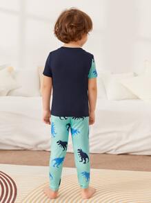 SHEIN 男孩恐龍印花T恤和褲子睡衣套裝 - 彩色 - 查看 3