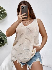 SHEIN Essnce Plus Pointelle Knit Sweater Vest - Apricot - View 4