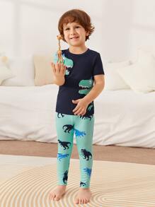 SHEIN 男孩恐龍印花T恤和褲子睡衣套裝 - 彩色 - 查看 4