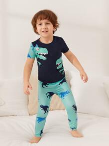 SHEIN 男孩恐龍印花T恤和褲子睡衣套裝 - 彩色 - 查看 6
