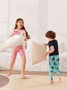 SHEIN 男孩恐龍印花T恤和褲子睡衣套裝 - 彩色 - 查看 7