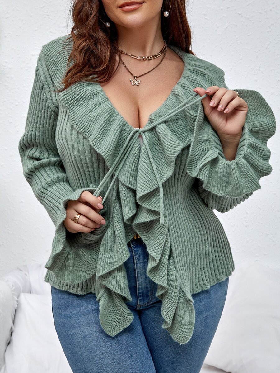 SHEIN LUNE Plus Ruffle Trim Flounce Sleeve Tie Front Cardigan - Green - View 1