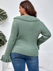 SHEIN LUNE Plus Ruffle Trim Flounce Sleeve Tie Front Cardigan - Green - View 2