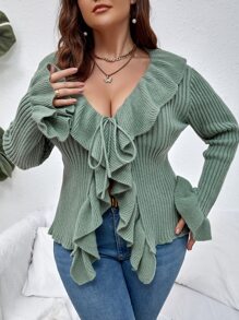 SHEIN LUNE Plus Ruffle Trim Flounce Sleeve Tie Front Cardigan - Green - View 3