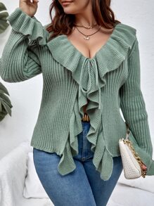 SHEIN LUNE Plus Ruffle Trim Flounce Sleeve Tie Front Cardigan - Green - View 4