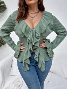 SHEIN LUNE Plus Ruffle Trim Flounce Sleeve Tie Front Cardigan - Green - View 5