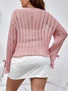 SHEIN Qutie Plus Tie Front Drop Shoulder Knot Cuff Cardigan Without Cami Top - Baby Pink - View 2