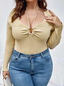 Celure Áo len Plus Size Nhẫn Xù Gân đan màu trơn Gợi cảm - Màu be - Xem 1