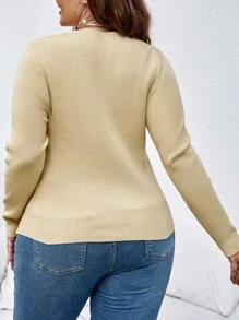 Celure Áo len Plus Size Nhẫn Xù Gân đan màu trơn Gợi cảm - Màu be - Xem 2