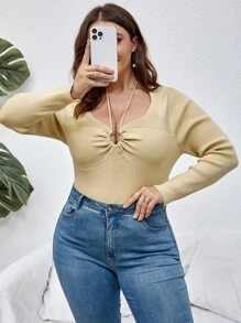 Celure Áo len Plus Size Nhẫn Xù Gân đan màu trơn Gợi cảm - Màu be - Xem 3