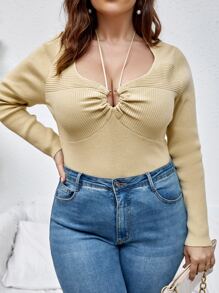 Celure Áo len Plus Size Nhẫn Xù Gân đan màu trơn Gợi cảm - Màu be - Xem 4