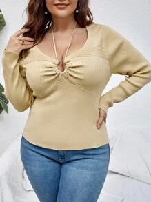 Celure Áo len Plus Size Nhẫn Xù Gân đan màu trơn Gợi cảm - Màu be - Xem 5
