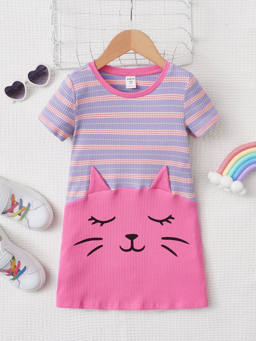 SHEIN 小女童條紋圖案和卡通圖案T恤洋裝