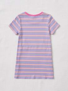 SHEIN 小女童條紋圖案和卡通圖案T恤洋裝