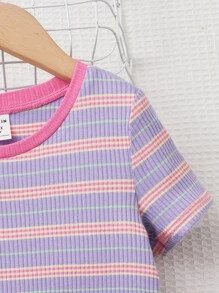 SHEIN 小女童條紋圖案和卡通圖案T恤洋裝