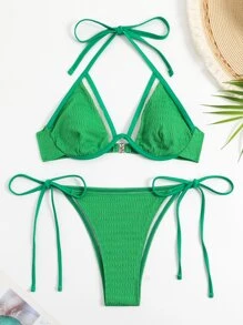 Cut Out Halter Push Up Tie Side Summer Beach Bikini Set - Green - View 4