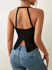SHEIN Essnce 素色後背開衩掛脖上衣 - 黑色 - 查看 1