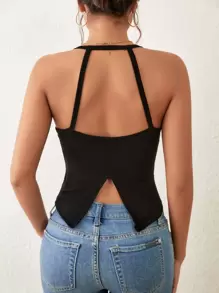 SHEIN Essnce 素色後背開衩掛脖上衣 - 黑色 - 查看 3