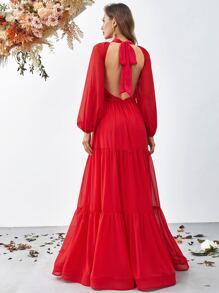 Frill Neck Lantern Sleeve Ruffle Hem Dress - Red - View 2