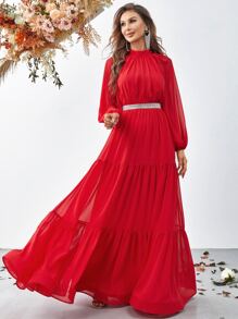 Frill Neck Lantern Sleeve Ruffle Hem Dress - Red - View 3