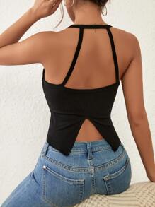 SHEIN Essnce 素色後背開衩掛脖上衣 - 黑色 - 查看 5