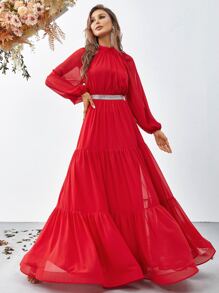 Frill Neck Lantern Sleeve Ruffle Hem Dress - Red - View 5