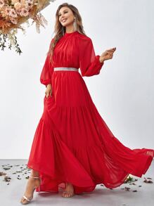 Frill Neck Lantern Sleeve Ruffle Hem Dress - Red - View 6
