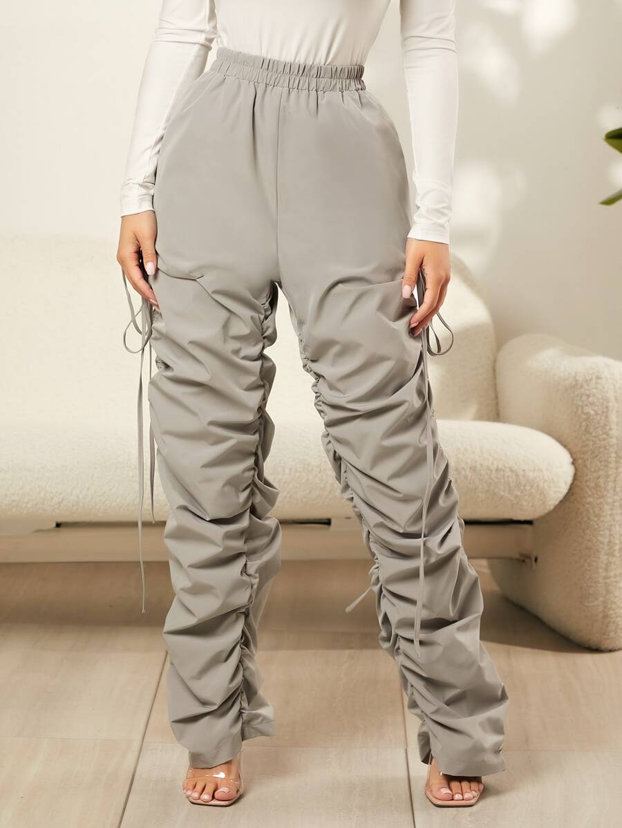 SHEIN SXY بنطلون رباط جانبي ثنية - رمادي فاتح - مشاهدة 1