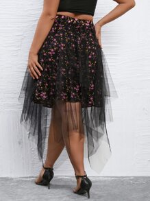 Calvaya Plus Floral Print Mesh Overlay Asymmetrical Hem Skirt - Multicolor - View 2