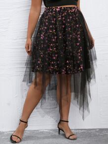 Calvaya Plus Floral Print Mesh Overlay Asymmetrical Hem Skirt - Multicolor - View 3