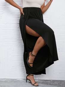 SHEIN Clasi Plus Solid Split Thigh Wide Leg Trousers - Black - View 4