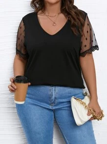 SHEIN LUNE Plus Contrast Mesh Sleeve Top - Black - View 1