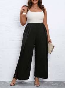 SHEIN Clasi Plus Solid Split Thigh Wide Leg Trousers - Black - View 6