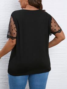 SHEIN LUNE Plus Contrast Mesh Sleeve Top - Black - View 2