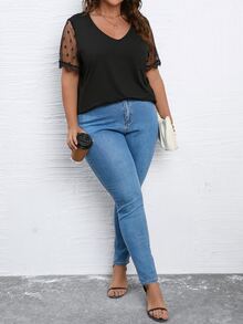 SHEIN LUNE Plus Contrast Mesh Sleeve Top - Black - View 3