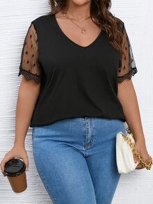 SHEIN LUNE Plus Contrast Mesh Sleeve Top - Black - View 4