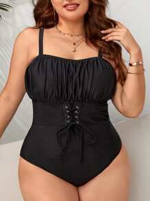 Zomer Plus Size Vetersluiting Voorkant Gerimpelde Buste Eendelig Badpak