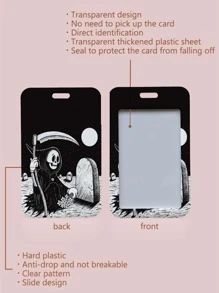 Brooksart 1pc Skeleton & Moon Print Card Cover & 1pc Lanyard - Đen và trắng - Xem 4
