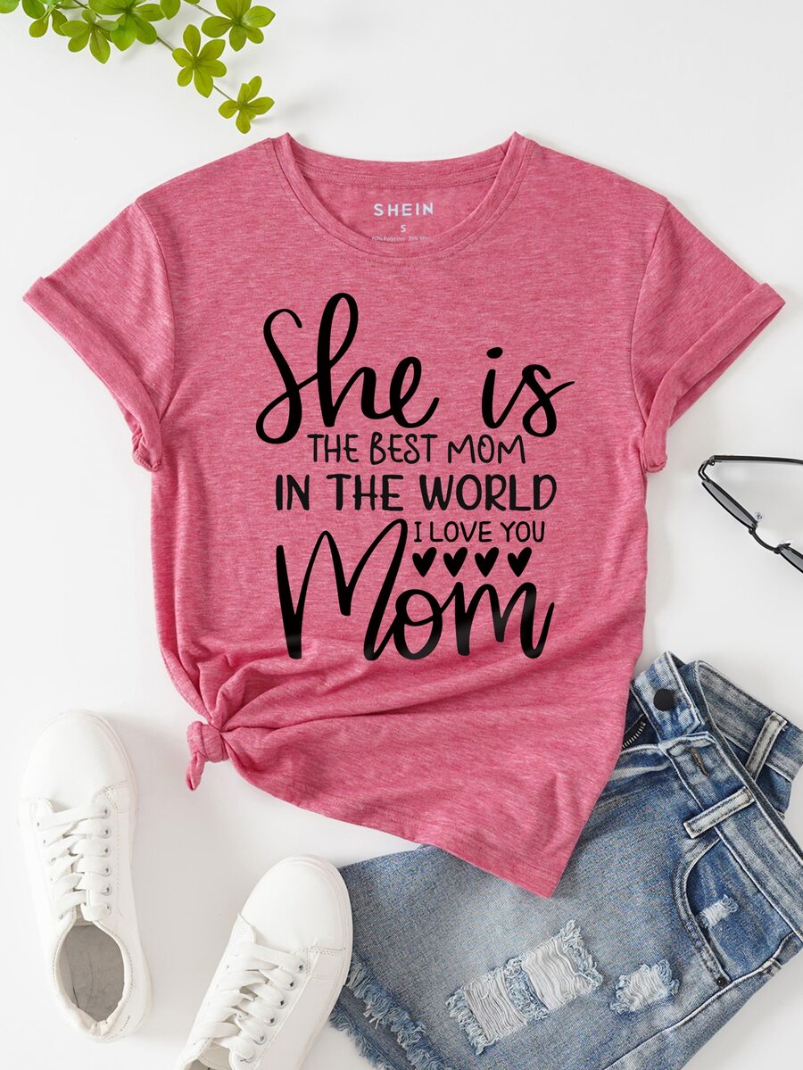 SHEIN LUNE Camiseta con estampado de slogan - Rosa - Ver 1