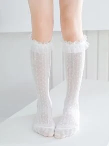 Niñitas Calcetines de malla ribete con fruncido sobre pantorrilla - Blanco - Ver 2