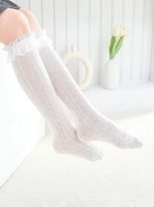 Niñitas Calcetines de malla ribete con fruncido sobre pantorrilla - Blanco - Ver 4