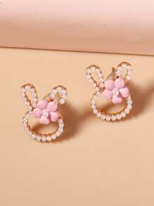 花朵裝飾珍珠兔子設計耳釘 - 彩色 - 查看 1
